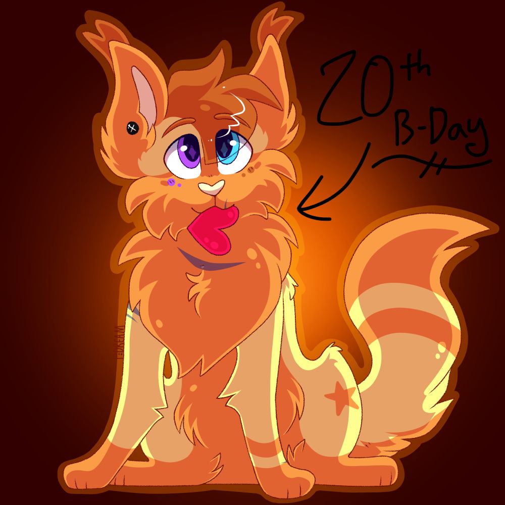 A yellow and orange cat sitting down, holding a heart in his mouth. He has multicolored eyes with a sparkle in them and he is sitting down and staring up. He has a couple of blue scars and a single black and white ear plug (the jewelry) visible. It is shaded with a deep orange and the character is surrounded in a glowing outline, while the background is a gradient of brown to orange darker on the outside but lighter on the inside. Next to the character is text stating “ 20th birthday” with an arrow pointing to the cat. This piece was done for my 20th birthday back in April, and out of all the characters in this post is the only one I own.