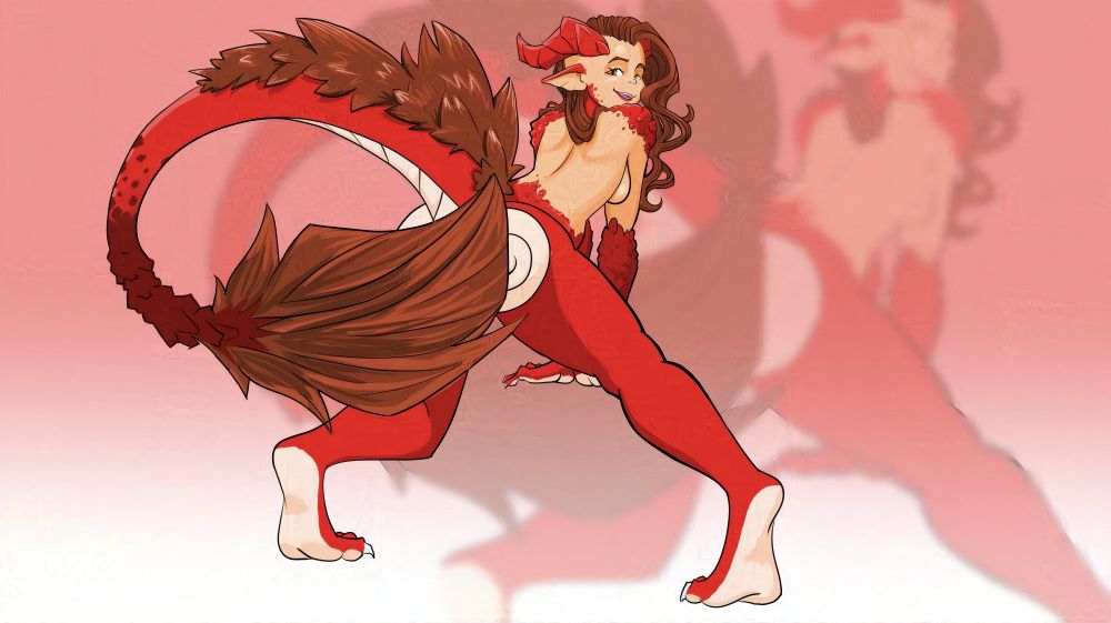 Dragon girl playfully obscuring her tail end with the tuft of her tail.
