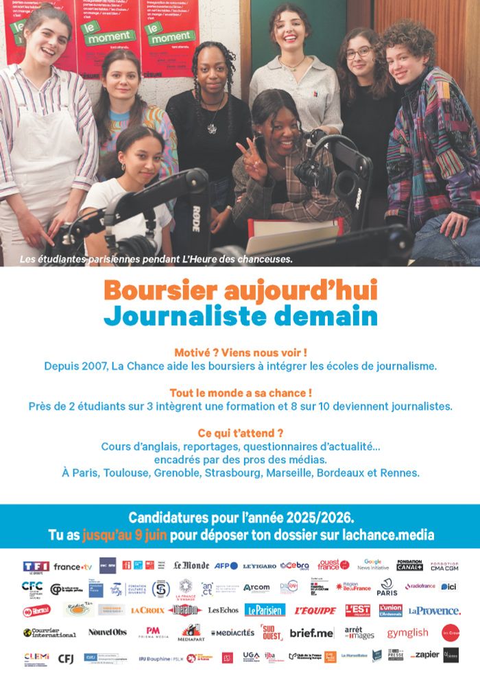 📢Les candidatures pour la promo 2026 de la prépa La Chance sont ouvertes !

Tu es boursier·ère et intéressé·e par le journalisme ?

👉Dépose ton dossier sur  https://www.lachance.media/ 
