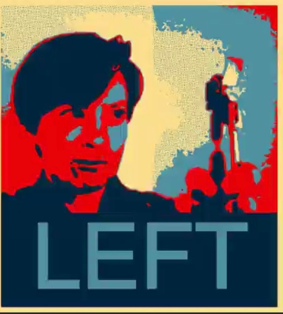 A picture of me, in the style of Barak Omama's HOPE Image, holding a left handed can opener. The caption says LEFT