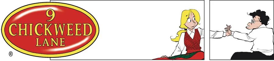 Two throwaway panels from the 3 August 2025 9 Chickweed Lane. The first panel contains the strip logo and depicts Edda sitting down facing us, bracing herself with one arm while the other reaches off panel. The second panel is Amos sitting down with his back mostly to us, reaching out to clasp Edda's outstretched hand in his. 