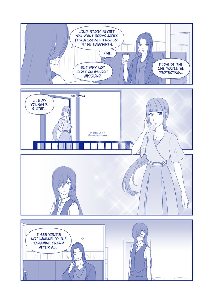 4koma. Continued from previous.

Tsukiyo: Long story short, you want a retired demon hunter to escort a scientist through the labyrinths. Fine. But why not post an escort mission?
Setsuya: Because the one you'll be protecting...
Setsuya: ...is my younger sister.
(Kiyoko enters. Waiters shout "Welcome to Terochichimomo!" in the background.)
(Tsukiyo stares, full of yuri feelings.)
Setsuya: I see you're not immune to the Takamine charm after all.