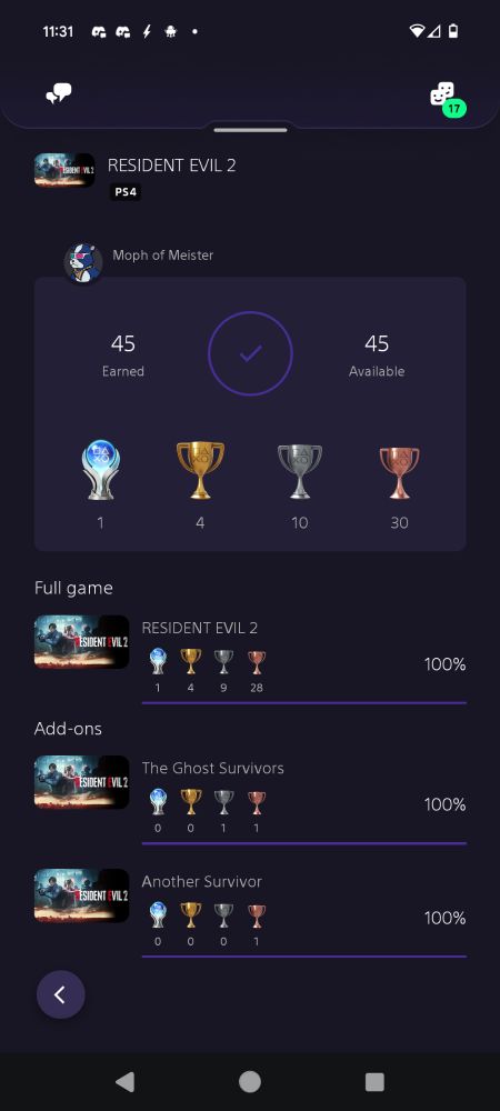 A screenshot showing I have 100% of trophies on Resident Evil 2