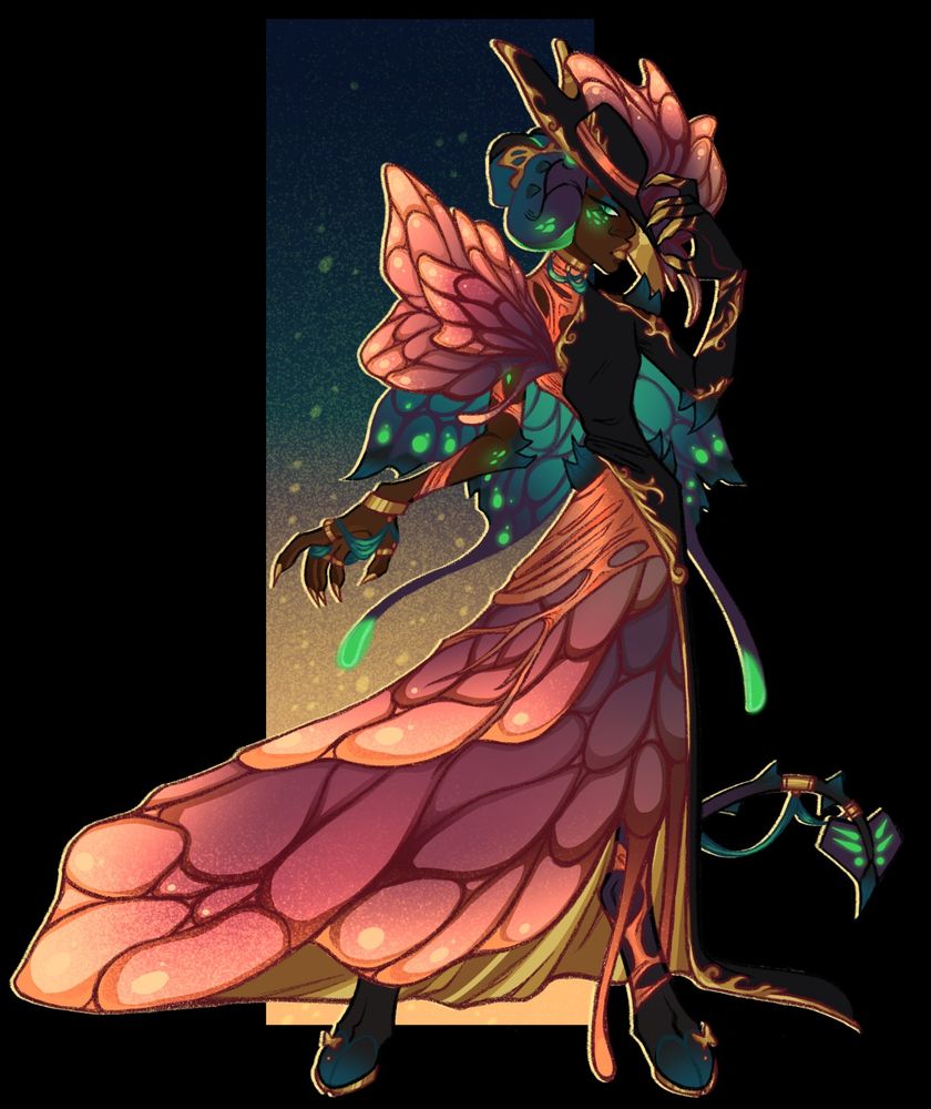 Purple and blue toned succubun (succubuns.bsky.social) swathed in a gilded and slinky dress which unfurls asymmetrically with a sunset-toned wing pattern as if emerging from a chrysalis.