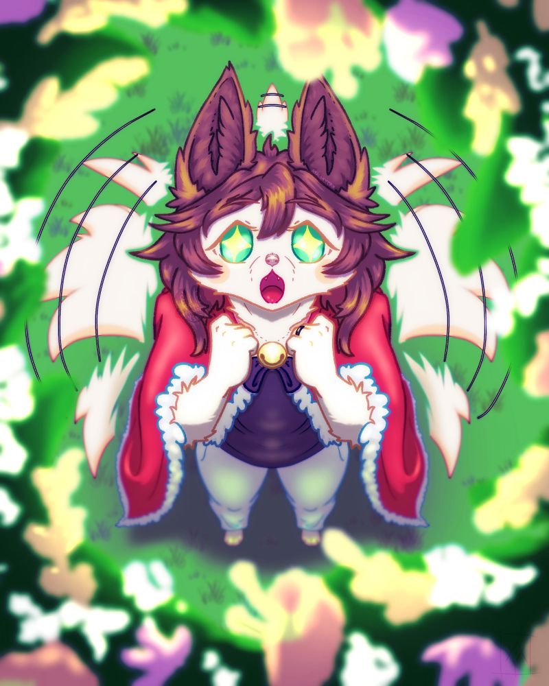 Top down of a fennec fox O.C. with brown hair and red cape. He's looking up at the flower crown that is framing the border with starry eyes. He looks very excited and is wagging his tail enthusiastically 