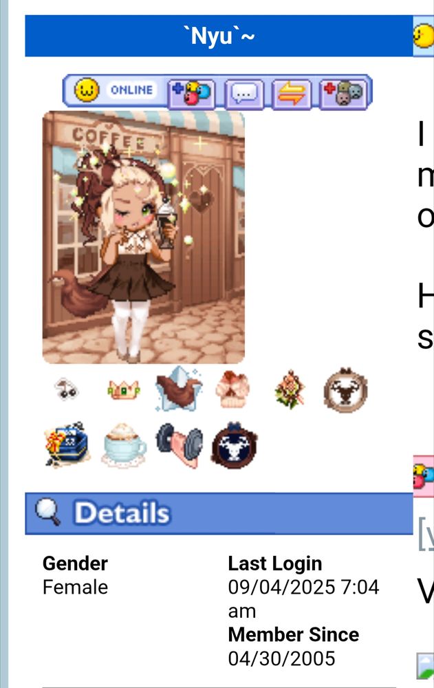 Screenshot of a Gaia Online avatar on a profile. It shows my username `Nyu`~ and details like gender orientation "female" last login date and time and member since "04/30/2005"