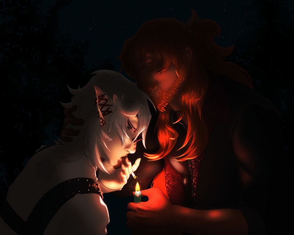 Two men under a dark starry sky. One is leaning in and lighting his cigarette. His boyfriend is holding the lighter while grabbing the other's head and bringjng him in to kiss the top of his head. The scene is overall dark with the only source of light is the lit lighter 