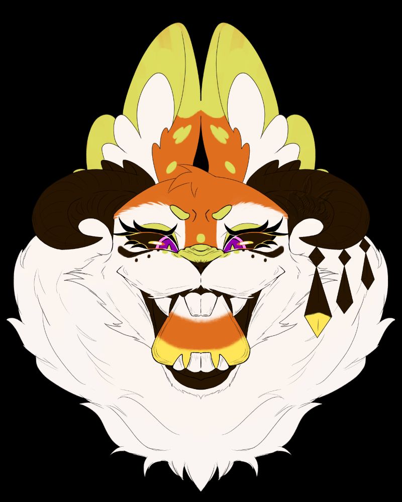 Candy corn palette demon bunny with fangs holding an oversized candy corn in her mouth