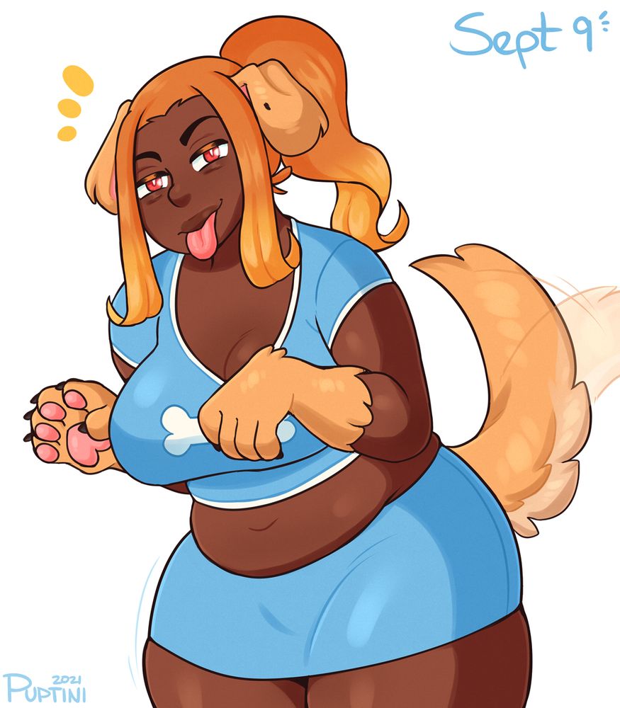 Pupmode Dana! She's got a paw up showing her beans, with the other bent down. She's sticking out her tongue and wagging her tail, dressed in a crop top with a bone on it and a skirt.