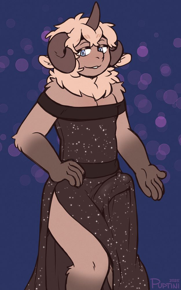 Oran in a sparkly evening gown with a split along his thigh. He's smiling while holding a hand out, and an erection is visible under the fabric