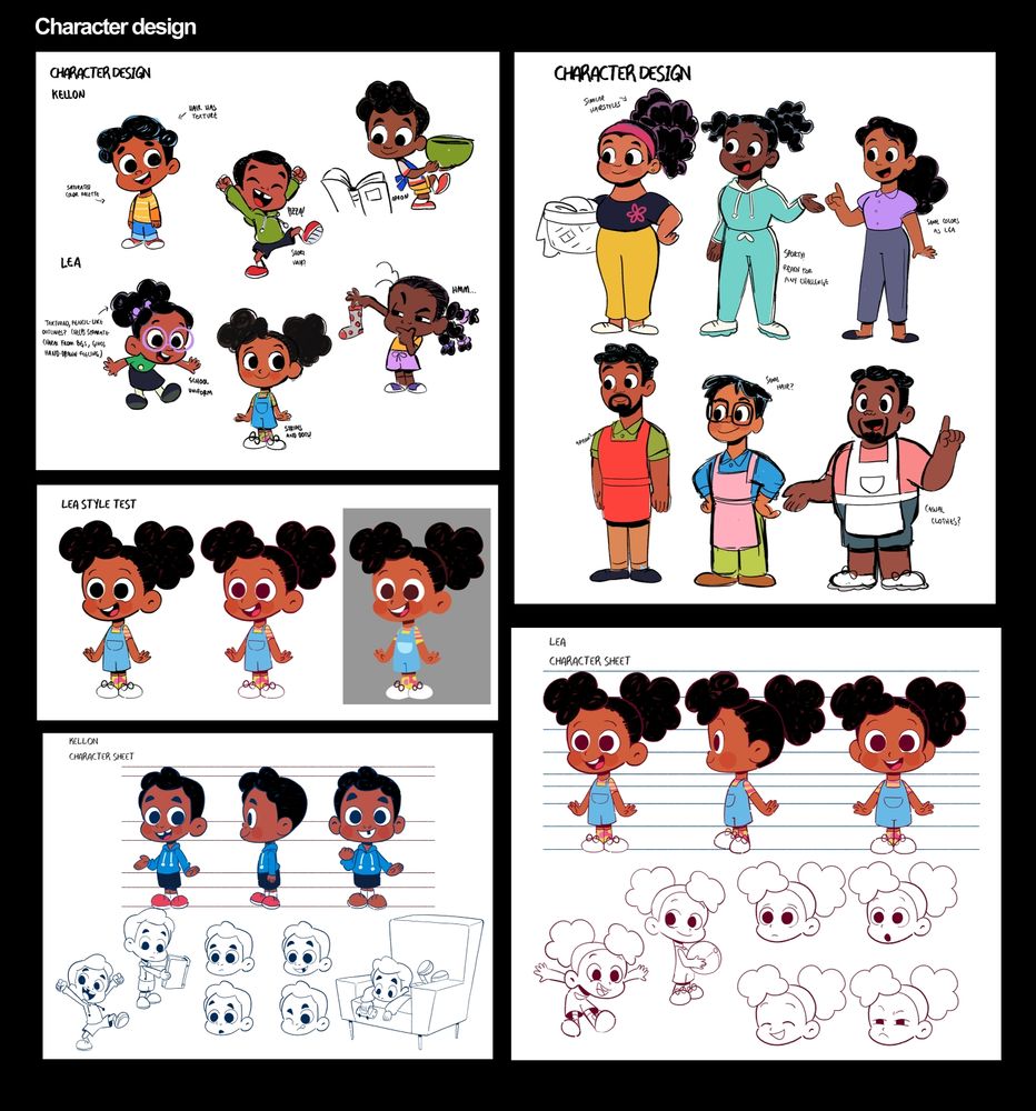 Character design samples featuring two kids and their parents.