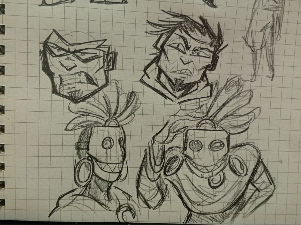 Sketches of Tastriphe and Take 

Tak is a masked individual. The mask has a smile of sharp teeth, a stripe falling down each eye, ring earrings, and feathers on the top. Tak is also adorned with a huge scarf