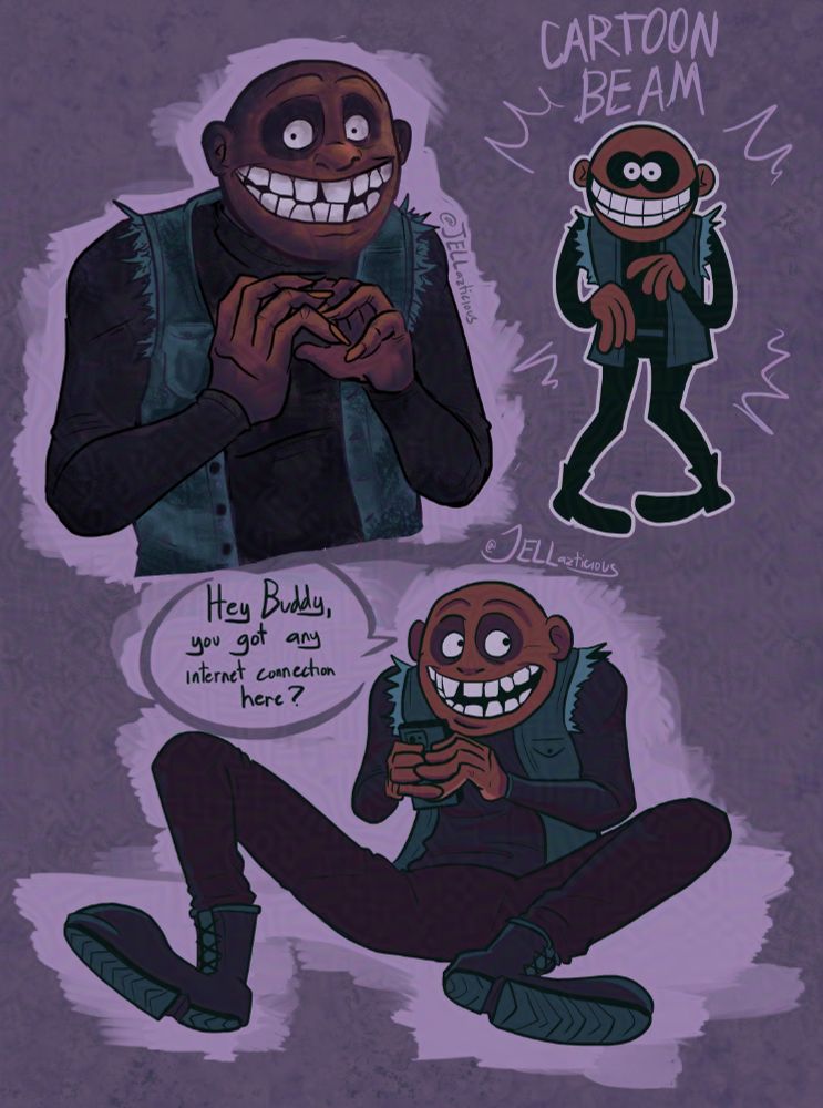 Three digital drawings of Dan from Look Outside
He is a tall skinny man with crooked teeth, sunken eyes, bad posture and a round bald head. He wears a denim vest with ripped sleeves over a black shirt, he also have black pants and boots.

1.) A half body shot of Dan fiddling with his fingers in higher quality rendering to match the art style of the game.
2.) A very simplified cartoon design of Dan.
3.) Dan is sitting on the floor, legs spread out, while holding a phone, he is speaking to an offscreen person saying "Hey Buddy, you got any internet connection here?"