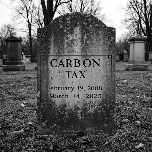 Image of a tombstone depicting the announced date of BC's carbon tax and the day the federal government announced its intent to end the federal carbon pricing backstop (Feb 19, 2008 - March 14, 2025)