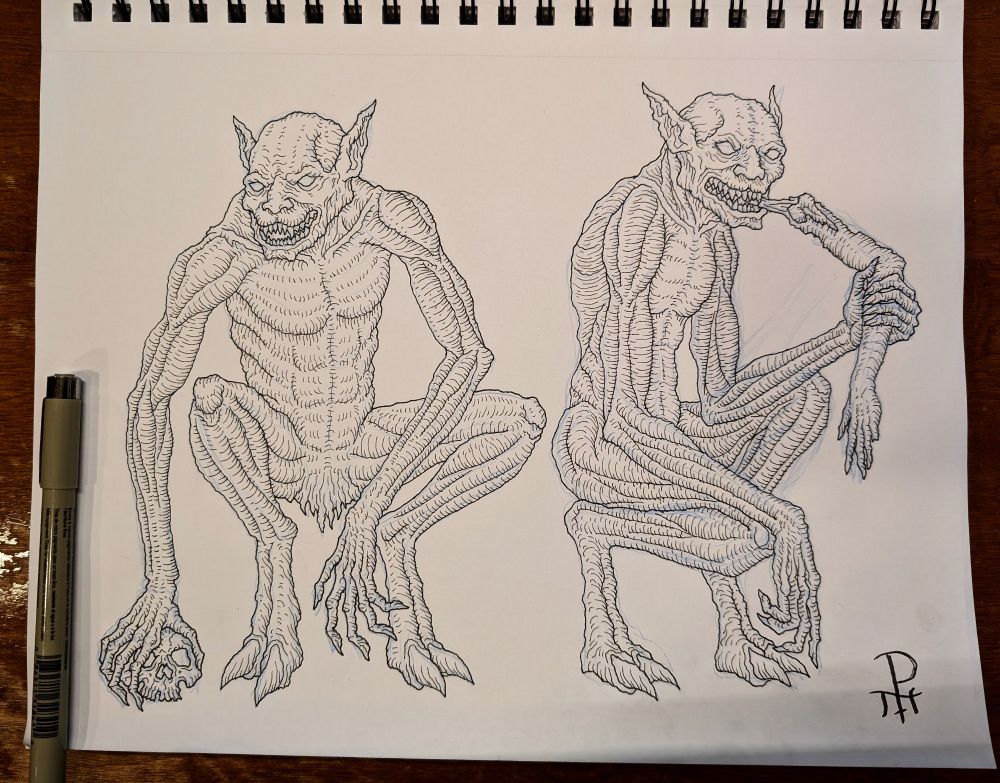 Two ghouls, one picking a skull up off the ground and another enjoying a tasty snack.