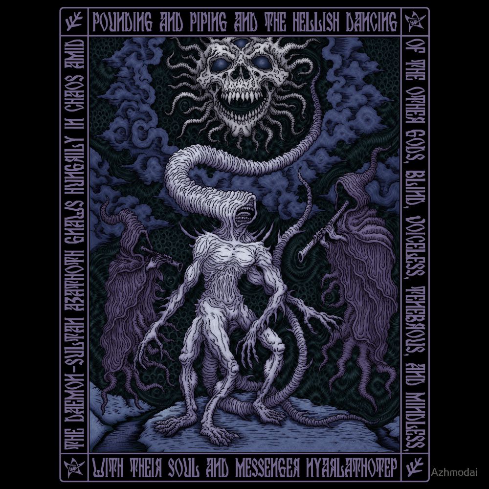 Nyarlathotep, the Crawling Chaos in the court of Azathoth. A pale figure with an odd number of arms and legs and a long tentacle for a head is flanked by faceless, cloaked wraiths playing demonic pipes. Azathoth, represented as a tentacled skull-sun, looks on from above.
