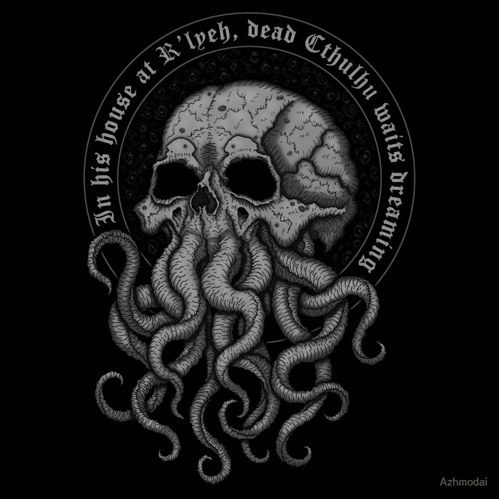 A detailed black and white illustration depicts a skull-faced Cthulhu with tentacles in place of its mouth. The skull is rendered in a realistic style, with intricate details of bone structure and texture. The tentacles are numerous and sinuous, creating a sense of unease and dread. The image is framed by a circular border with the inscription "In his house at R'lyeh, dead Cthulhu waits dreaming."