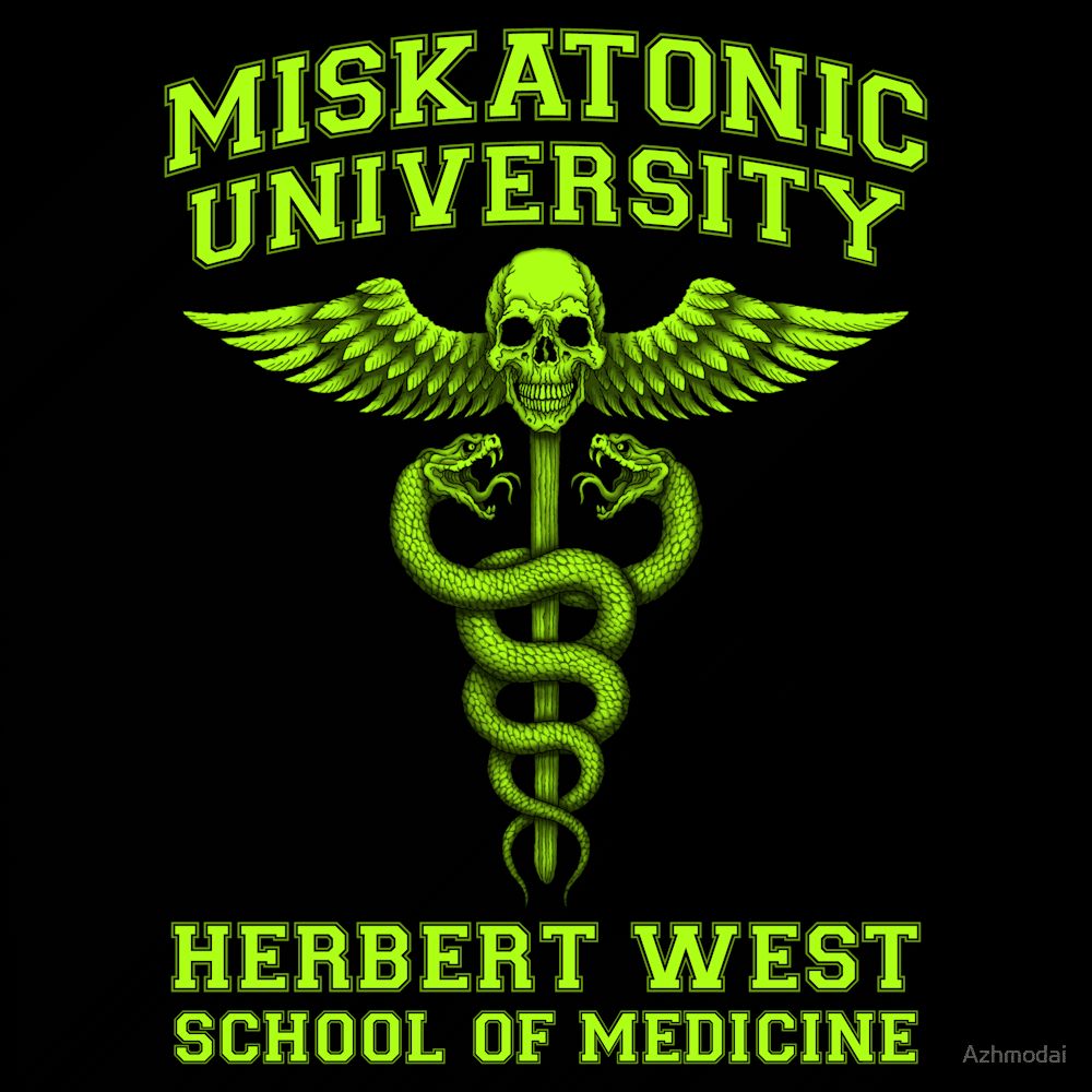 Miskatonic University School of Medicine design featuring a skull-topped caduceus with venomous serpents.