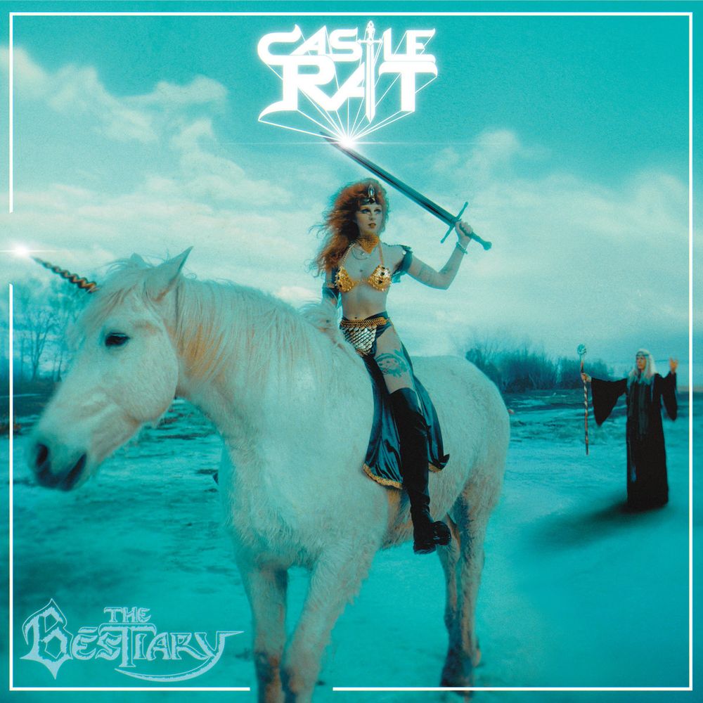 Castle Rat - The Bestiary album cover featuring a woman riding a unicorn while holding a sword