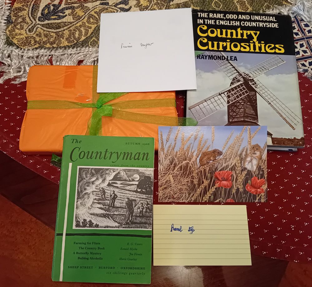 An edition of the countryman from the season and year when I was born. A copy of Country Curiosities. A post card of field mice amongst golden corn. A filing card that bears the words 'rural life'. An envelope on which is written 'precious daughter. A small packet done up in orange paper with a green ribbon. There's a lot of sticky tape. 