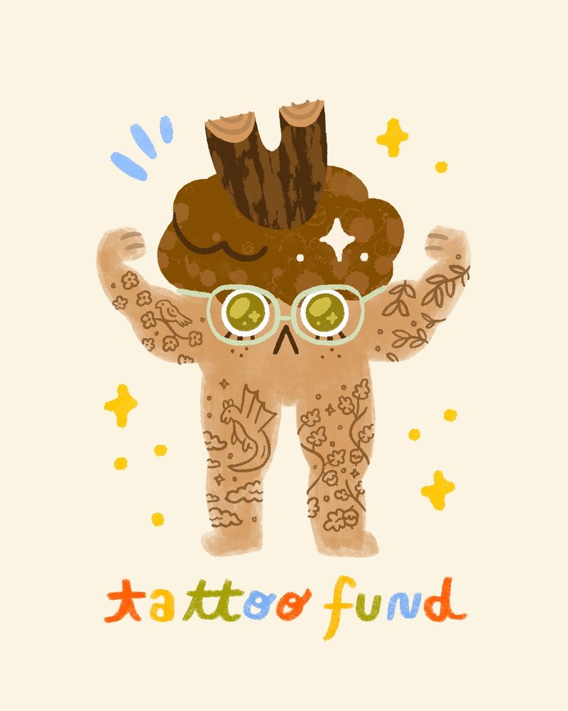 An illustration of an anthropomorphic acorn with really buff arms ams legs. The arms and legs are filled with tattoos. This is Ronnies alter ego acorn. Below the acorn are the words "tattoo fund"