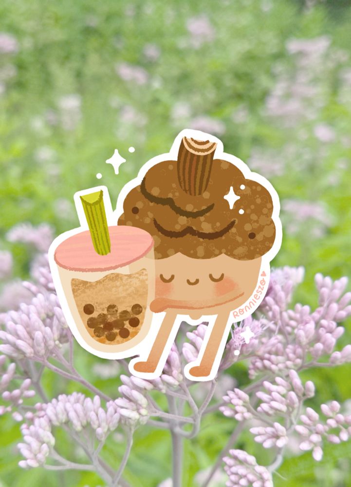 An illustration of an anthropomorphic acorn, peacefully holding a big Bubble Tea cup. The Bubble Tea flavour is a classic Roasted Oolong with Tapioca balls. In the background, there is a photograph of Spotted Joe-Pye weed, which is a purple-red flower