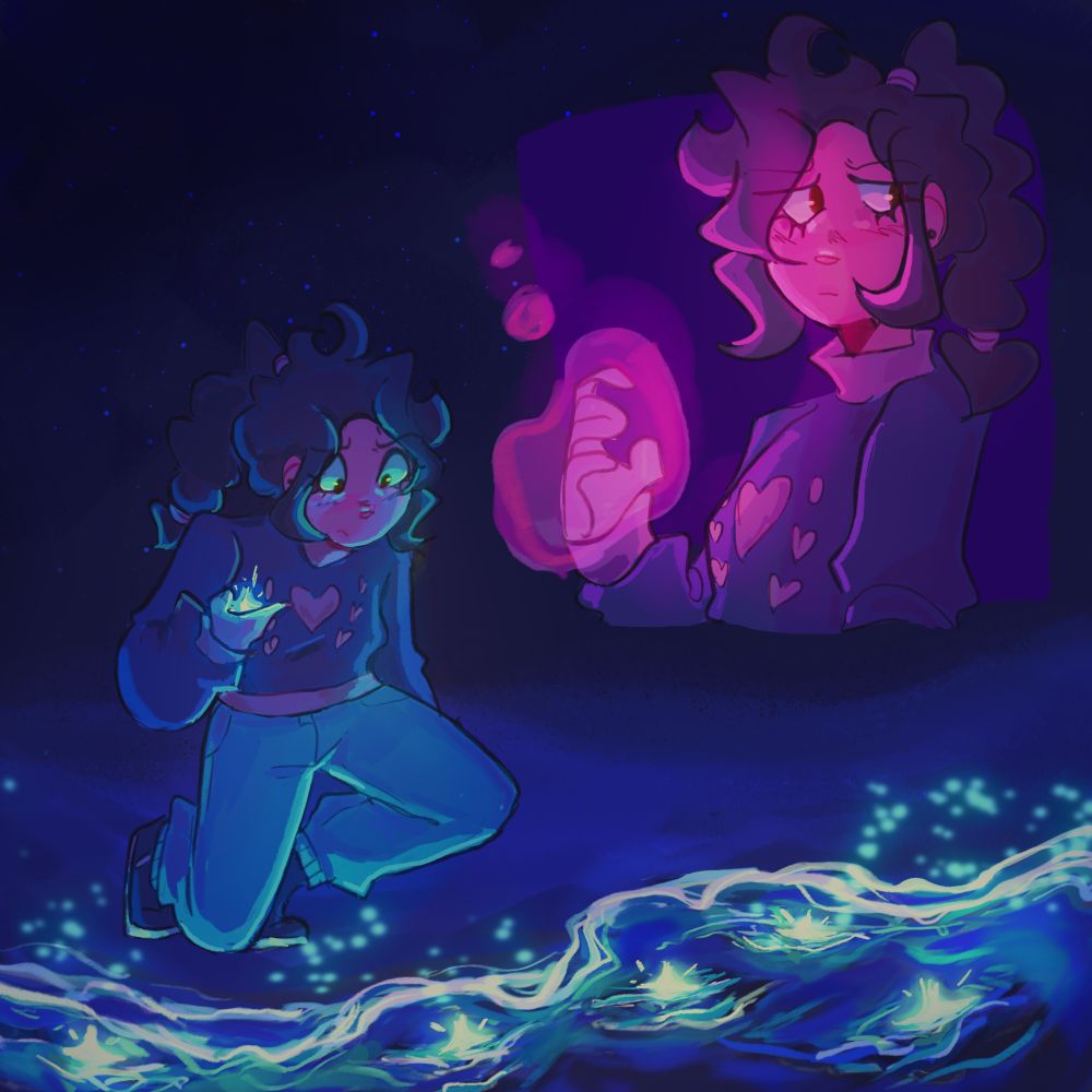 [oc] top right: gloria with her hand glowing bc of her power, looking pretty serious
bottom: her holding a star gently as she stares at a bunch more that are floating at the shore, glowing within the water