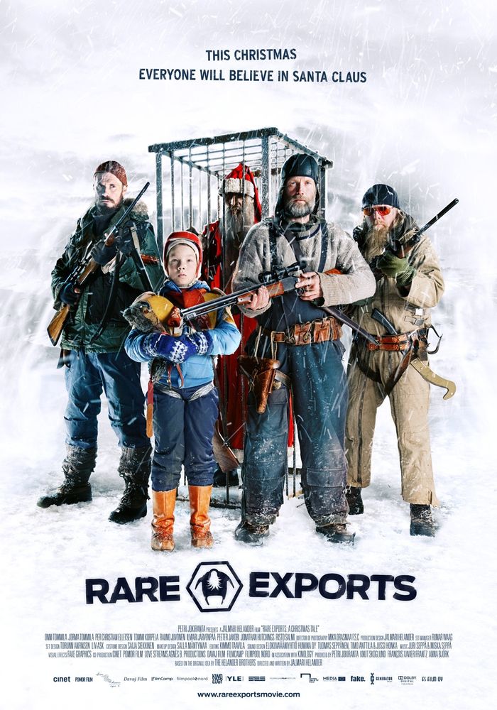 Rare Exports movie poster. Four men and one boy with riffles Stan in front of a thin, bearded old man dressed as Santa, locked in a cage. 