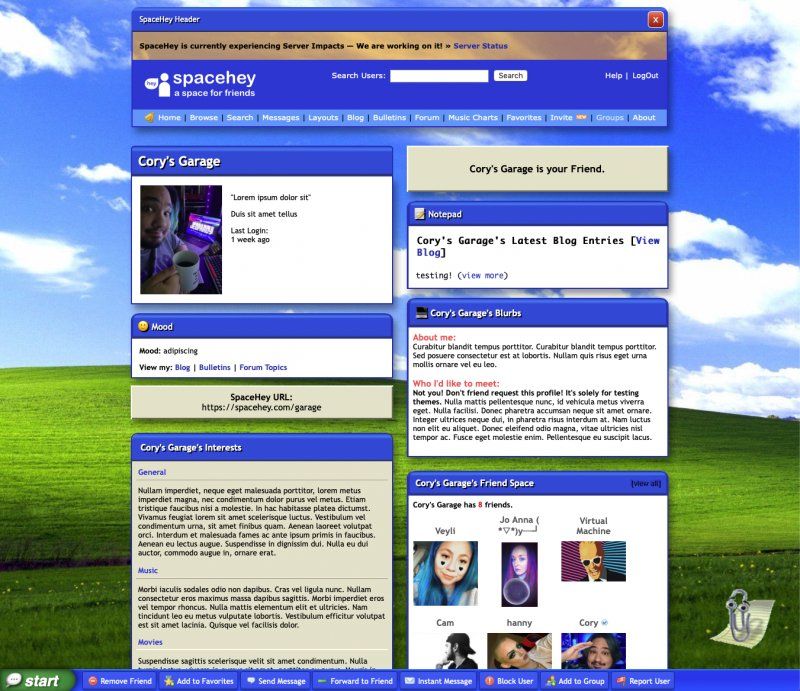 screenshot of a highly customized spacehey profile