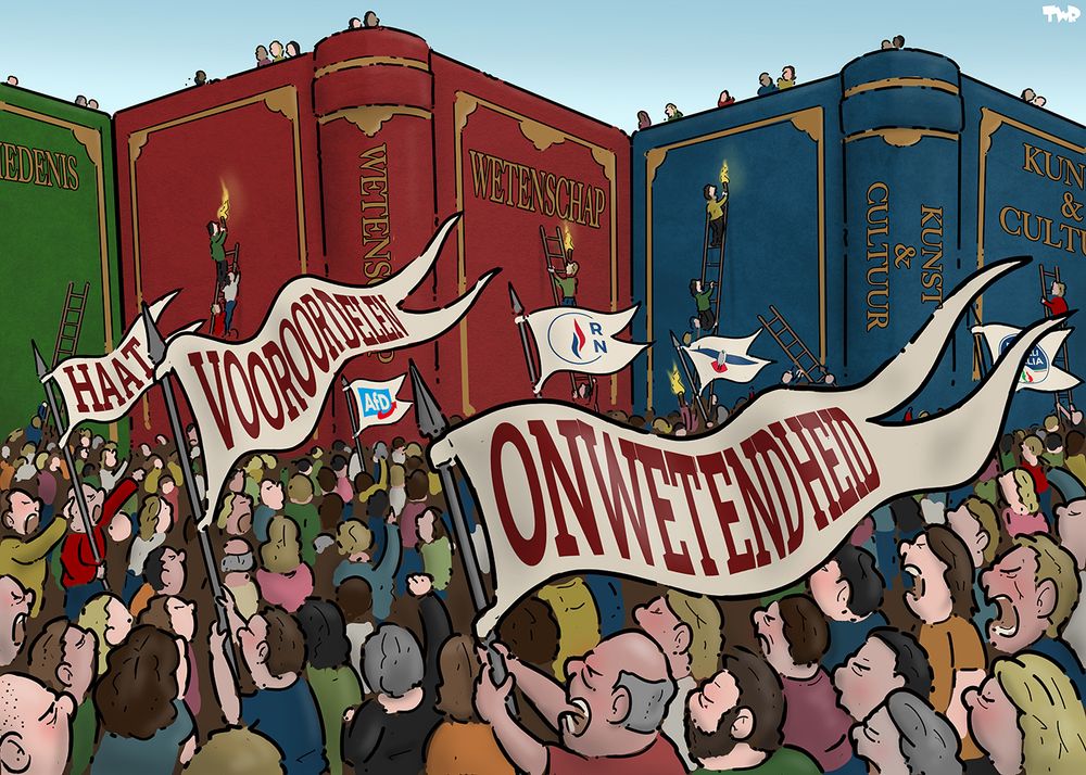 Cartoon van een leger dat kasteelmuren aanvalt. De kasteelmuren zijn gigantische boeken met de titels 'kunst', 'wetenschap' en 'cultuur'. Het aanvallende leger draagt ​​spandoeken met de teksten 'onwetendheid', 'vooroordelen' en 'haat'.
