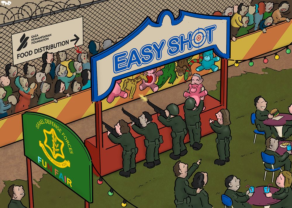A cartoon depicting a fairground. The entrance has a sign that has the logo of the Israel Defense Forces and the text 'Fun Fair'. The main attraction is a shooting gallery with Israeli soldiers shooting at a line of Palestinians waiting for food.