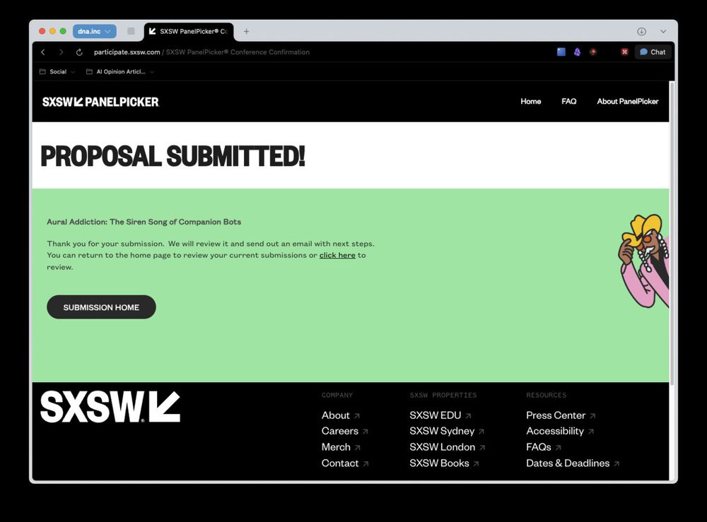 Screenshot of browser window showing successfull presentation proposal submission message for SXSW Austin 2026