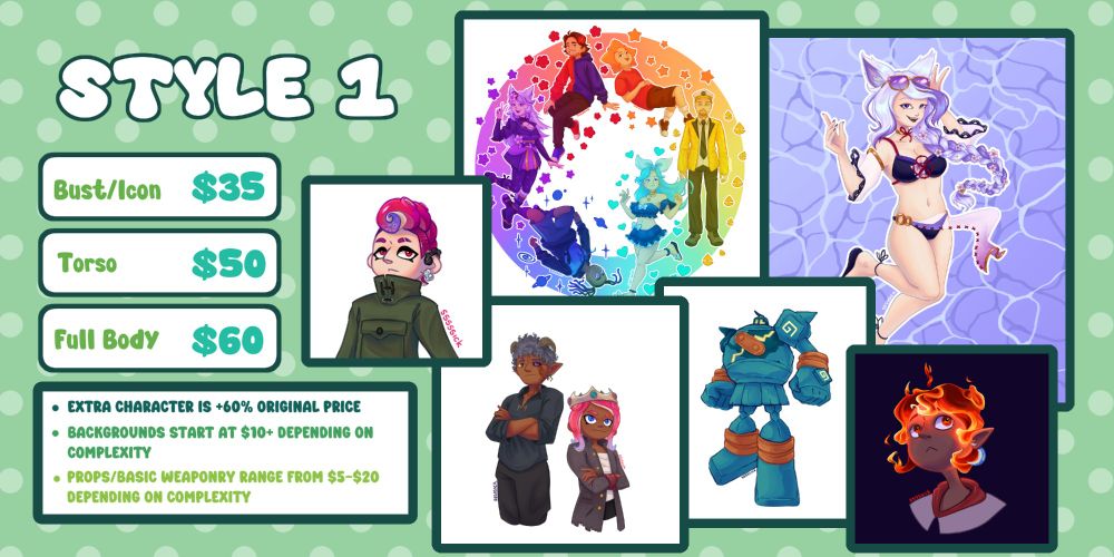 Style 1:
Bust/Icon - $35
Torso - $50
Full Body $60

Extra character is +60% original price
Backgrounds start at $10+ depending on complexity
Props/basic weaponry range from $5-$20 depending on complexity