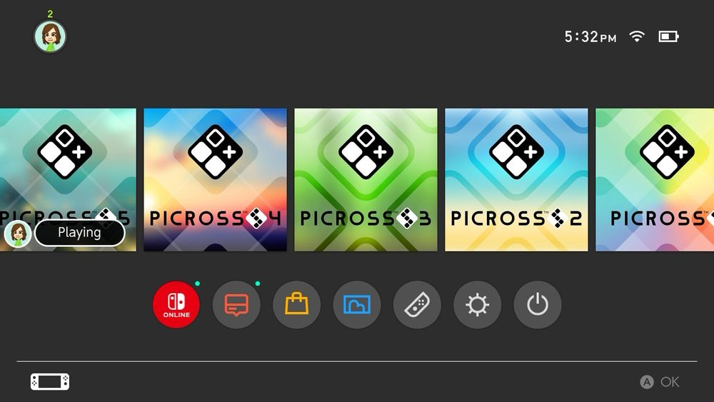 A screen cap of my Nintendo Switch home screen with the games Picross S, 2, 3, 4 and 5