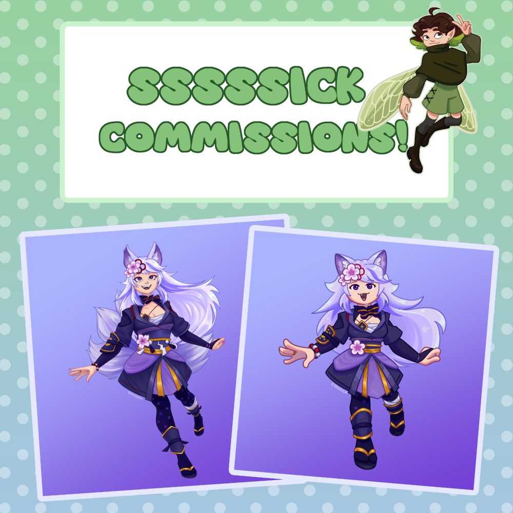 'sssssick commissions'
Below the text are two examples of the same subject - Vulpixie - in both Style 1 and Style 2