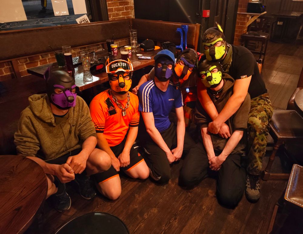 A group of people in pup hoods posing for a photo in a bar.