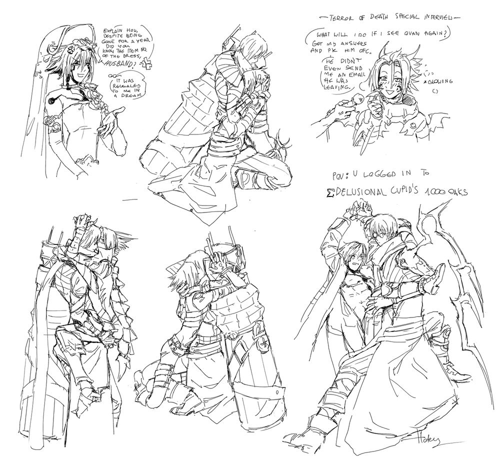 Left to right, top to bottom. Haseo in his wedding dress. He says, "Explain how despite being gone for a year did you know the item no. of the dress, HUSBAND?" Ovan's (off-screen) reply, "It was revealed to me in a dream." Next, Haseo and Ovan hugging face to chest. Then, Haseo with a microphone pointed at him, captioned "Terror of Death Special Interview". He says, "What will I do if I see Ovan again? Get my answers and PK him. ofc. He didn't even send me an email (to say) he was leaving." He looks happy and glowing. First of the bottom row, Ovan carrying Haseo. Next up, Ovan and Haseo kissing. The last one is captioned, "POV: U logged in to Σ Delusional Cupid's 1000 Oaks". Ovan holds Haseo in place in a compromising position. They are turned toward the camera as if someone walked in on them.