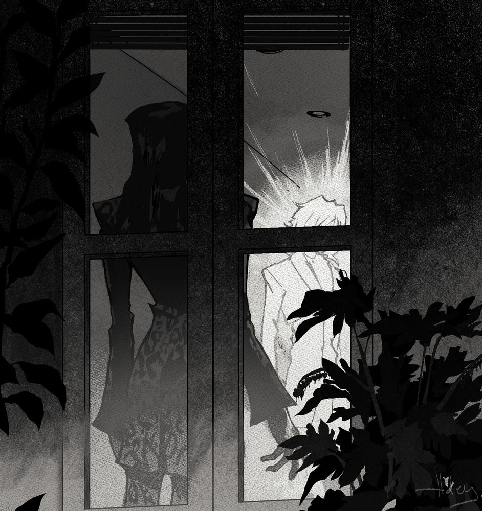 A black and white fan art of Megumi Kitaniji and the Composer from "The World Ends with You". The characters are inside a building, Megumi has his back turned toward the viewer and the Composer is further inside the room. The Composer's face and part of his body are obscured by a window frame and foliage in the foreground.