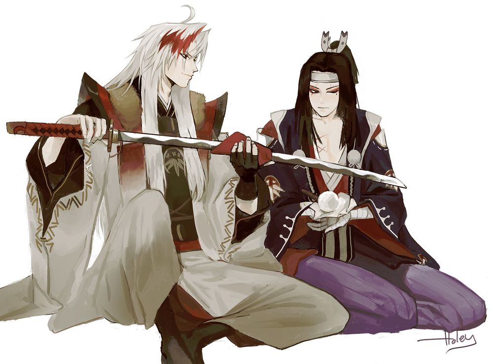 Fan art of "Onmyoji" game characters Minamoto no Yorimitsu and Onikiri. Yorimitsu is holding a sword and wiping it down with a piece of cloth. Onikiri has an Uchiko ball in his hands.