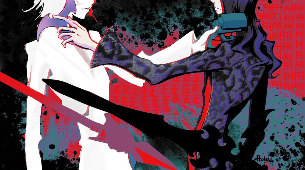 A fan art of the Composer and Megumi Kitaniji from "The World Ends With You". There are silhouettes of Megumi's sword and the Composer's spear in the front and tally marks in the background.