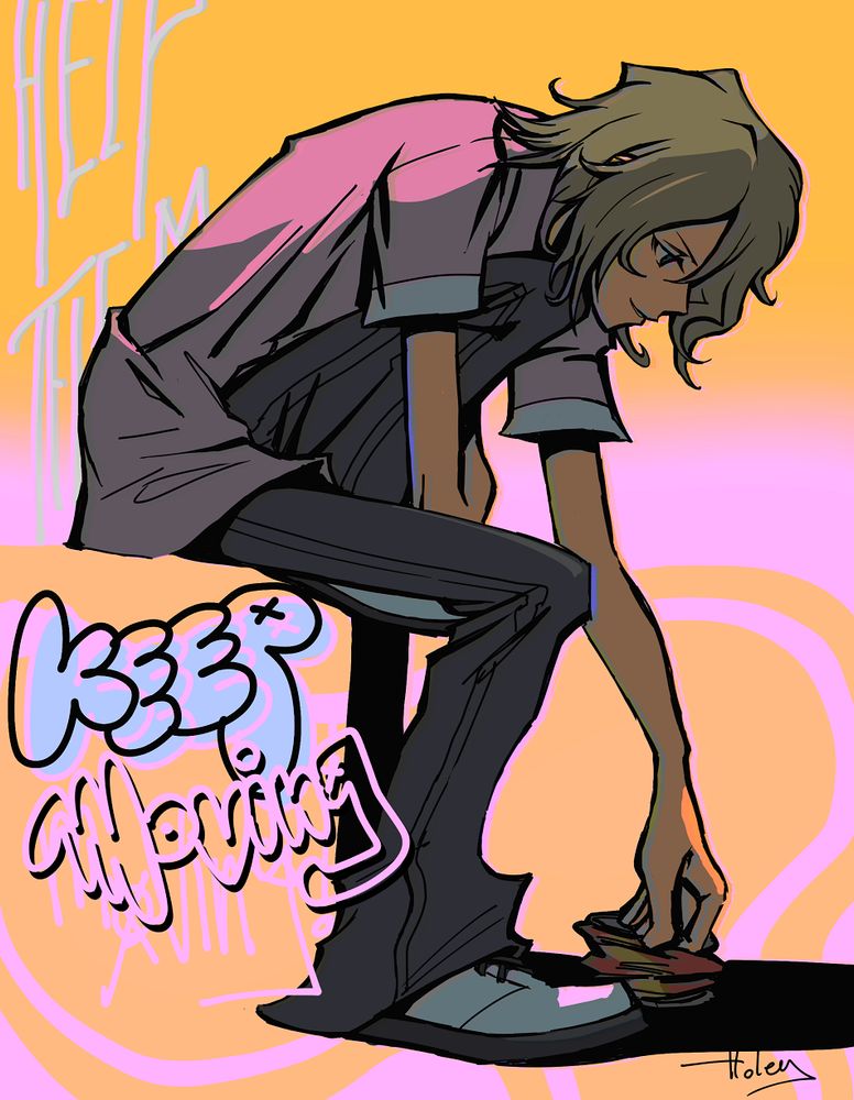 A fan art of Yoshiya Kiryu from "The World Ends With You". He is pressing a crushed soda can down with his fist. Text on the left side of the image, "keep moving". A second line of text faintly visible in the back reads, "help them".