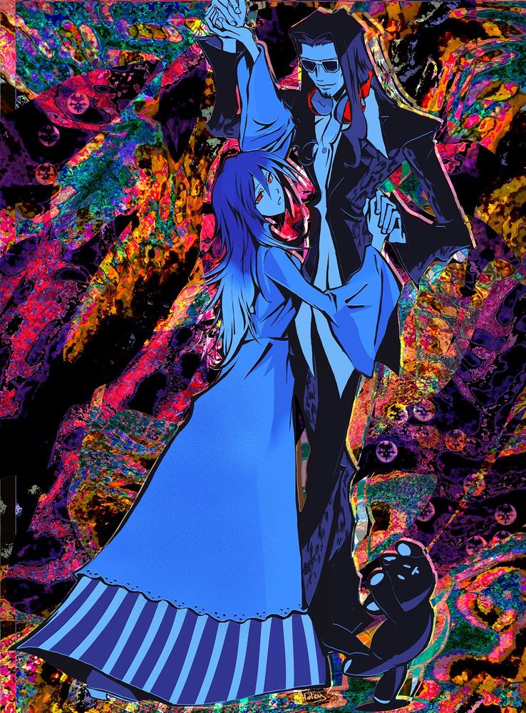 A fan art of Shiki Misaki, Megumi Kitaniji and Mr. Mew from "The World Ends With You" dancing.