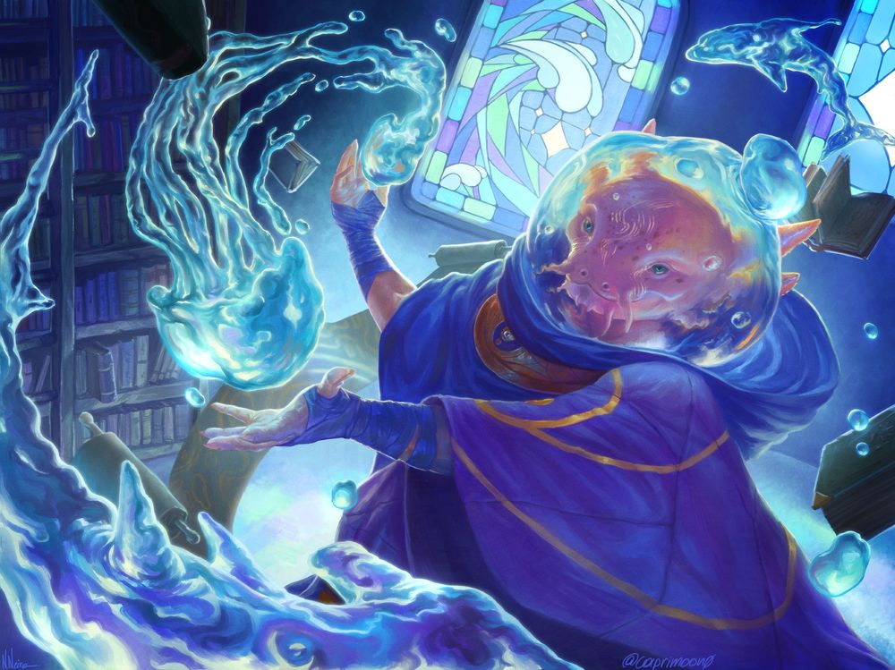 Digital illustration of an anthropomorphic Axolotl mage, making aquatic animal shapes with water.
