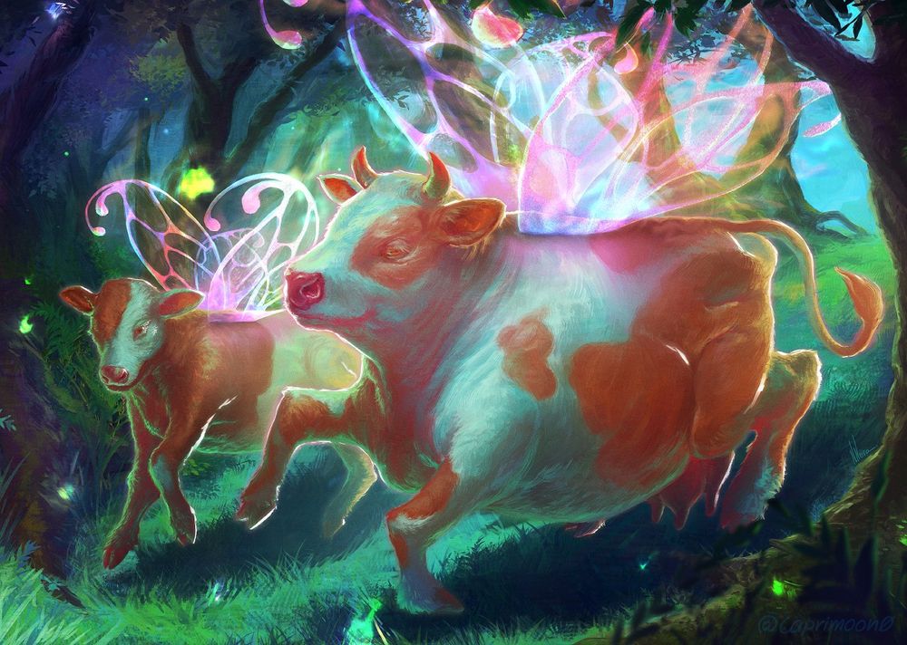 Digital Paitning. A Cow and a Calf with fairy butterfly wings floating through a forest.