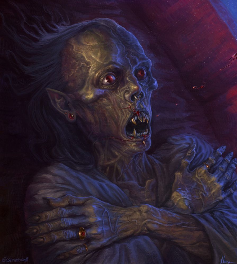 Digital Painting. And old vampire mummy, just awakening with drops of blood falling in their mouth.