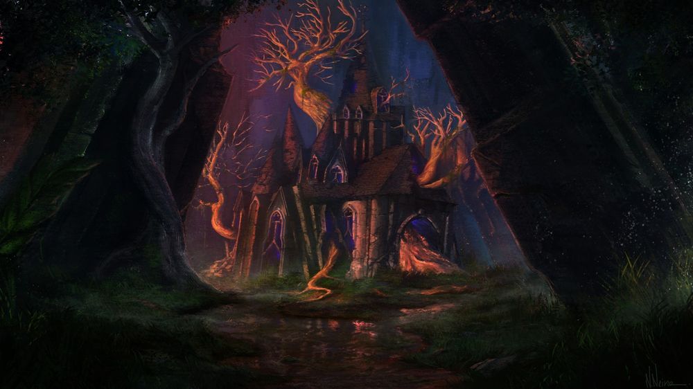 Swamp church, fantasy horror digital illustration / concept art.