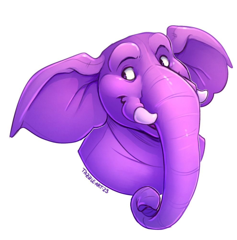 An illustrated bust of a purple-colored elephant character's head.