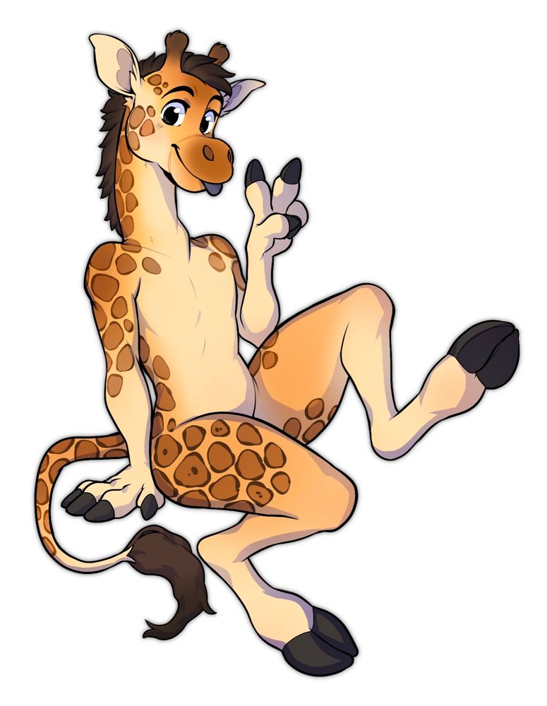 Toony illustration of a friendly-looking anthropomorphic giraffe, throwing a peace sign with his fingers and sticking a tongue out through his smile.