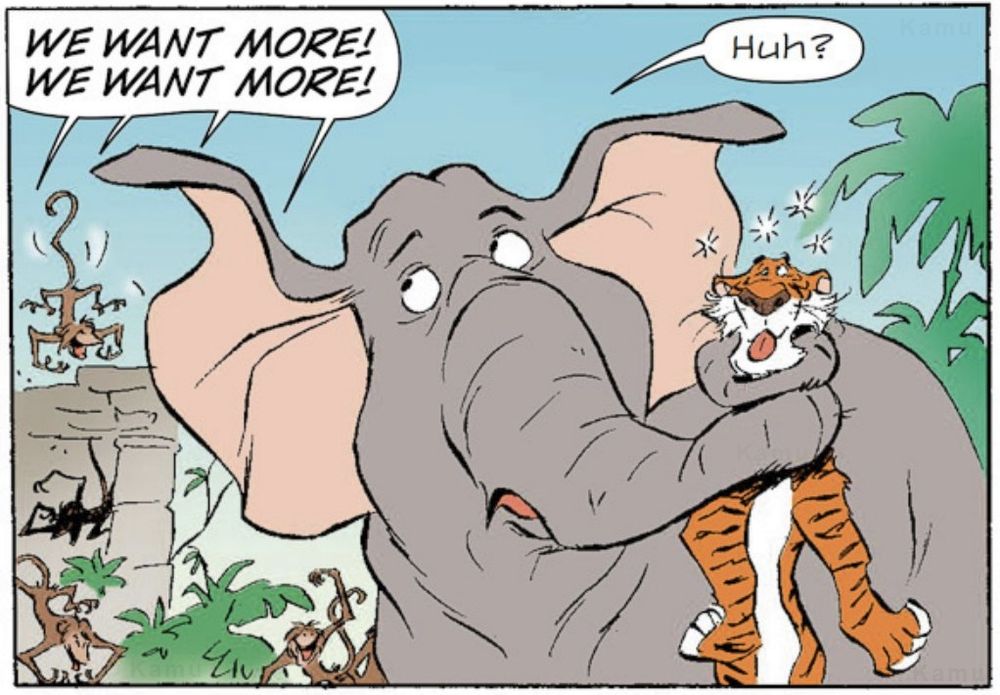 An elephant is holding a dizzy Shere Khan the tiger with a trunk around his neck.

---

#TheJungleBook #JungleBook #ShereKhan #Hathi #Tiger #Elephant #JB #JB67 #JBComic #JBComics