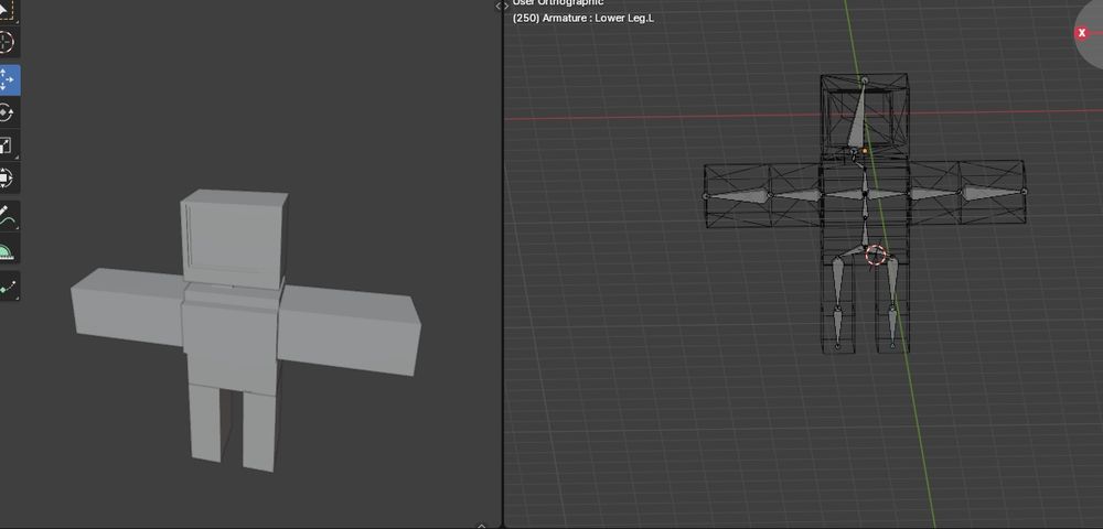 An image of blender, where the left side shows a rendered figure with a monitor for a head standing up in a t pose. 

The right side shows the internal skeleton of the figure. 